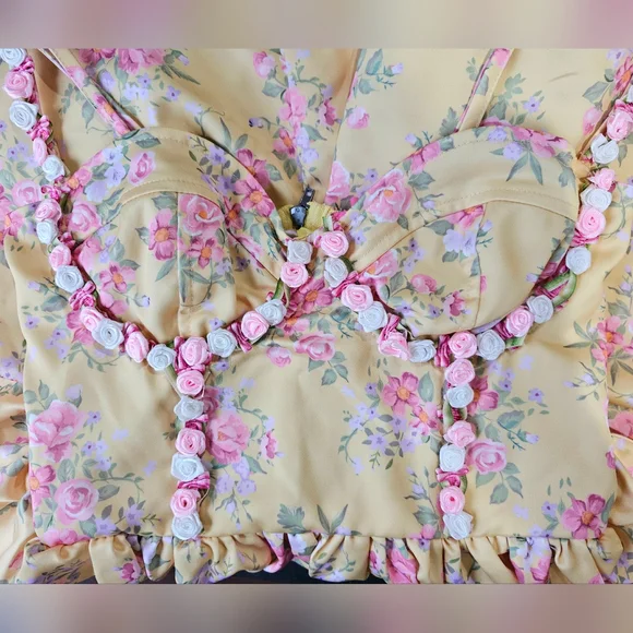 Dolls Kill Sugar Thrillz Yellow Floral Princess Party Mini Dress S - Picture 9 of 14